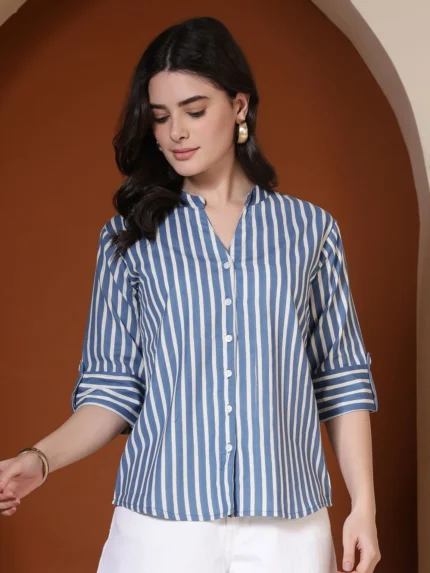 Women Regular Fit Striped Mandarin Collar Casual Shirt